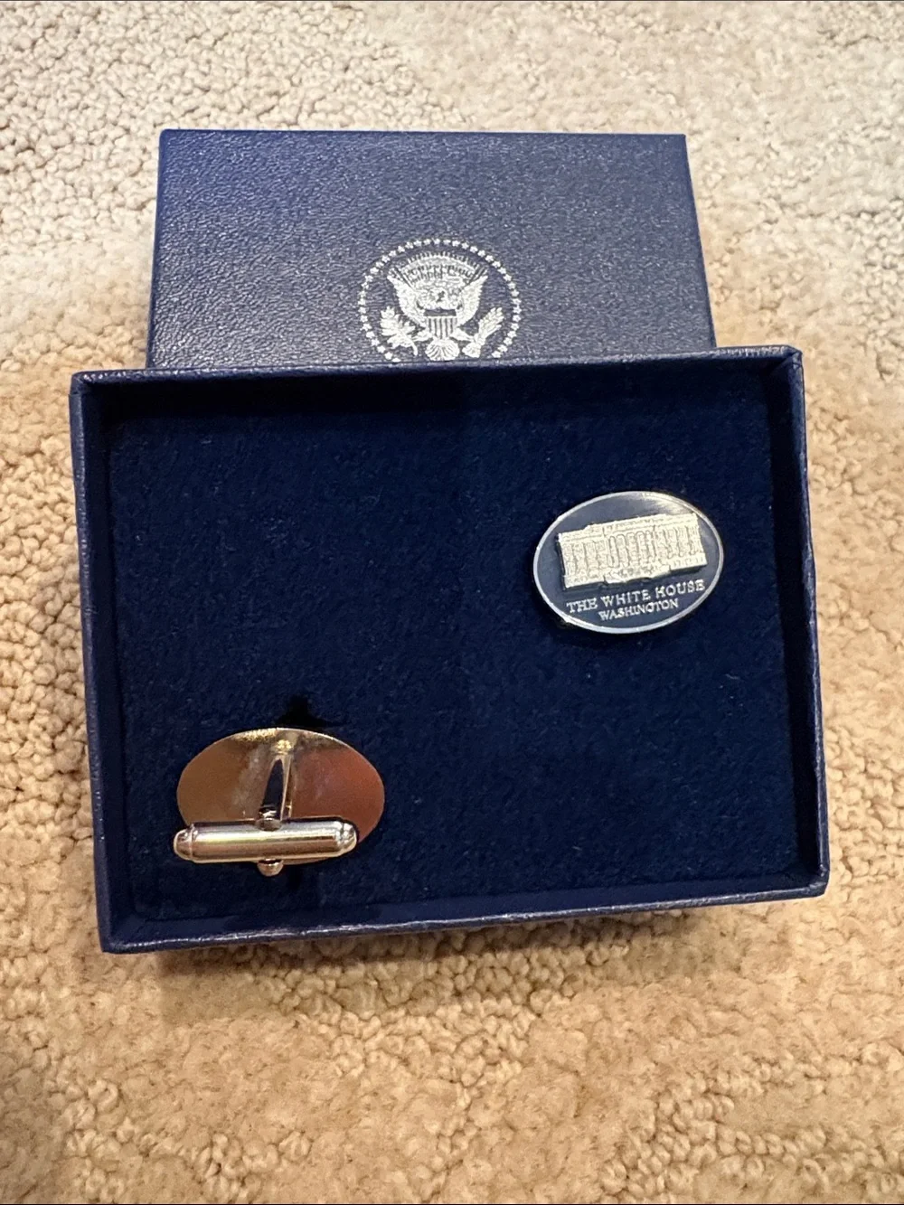 White House Oval Cufflinks in Silver and Navy Presentation Box